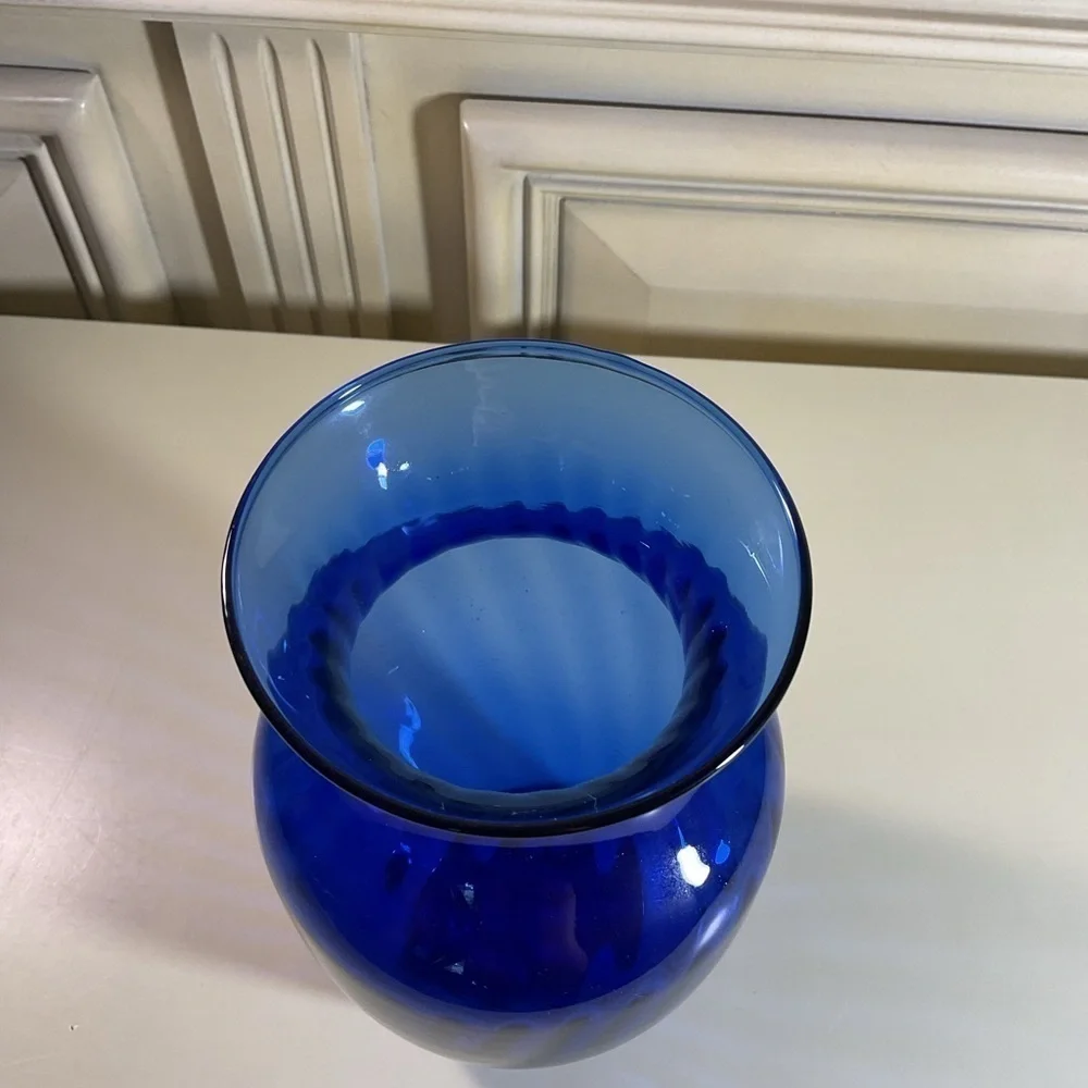 Vintage Ribbed Cobalt Blue Glass Vase Modern Coastal Home Decor